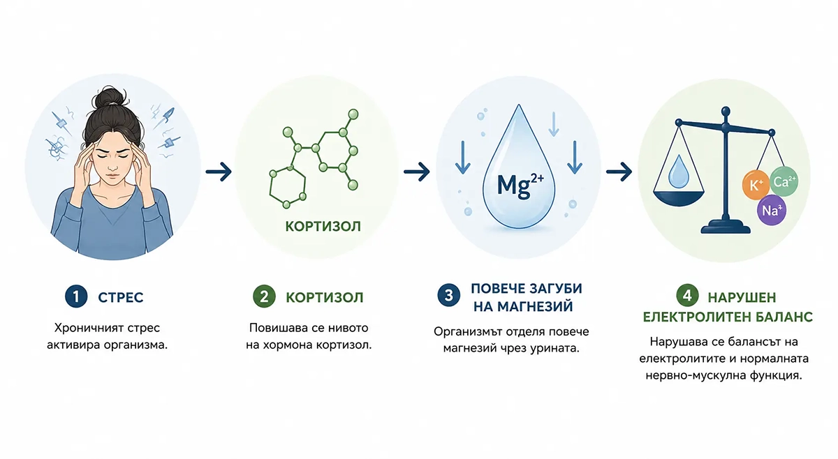 Инфографика: Стрес → кортизол → повишени загуби на магнезий → нарушен електролитен баланс.